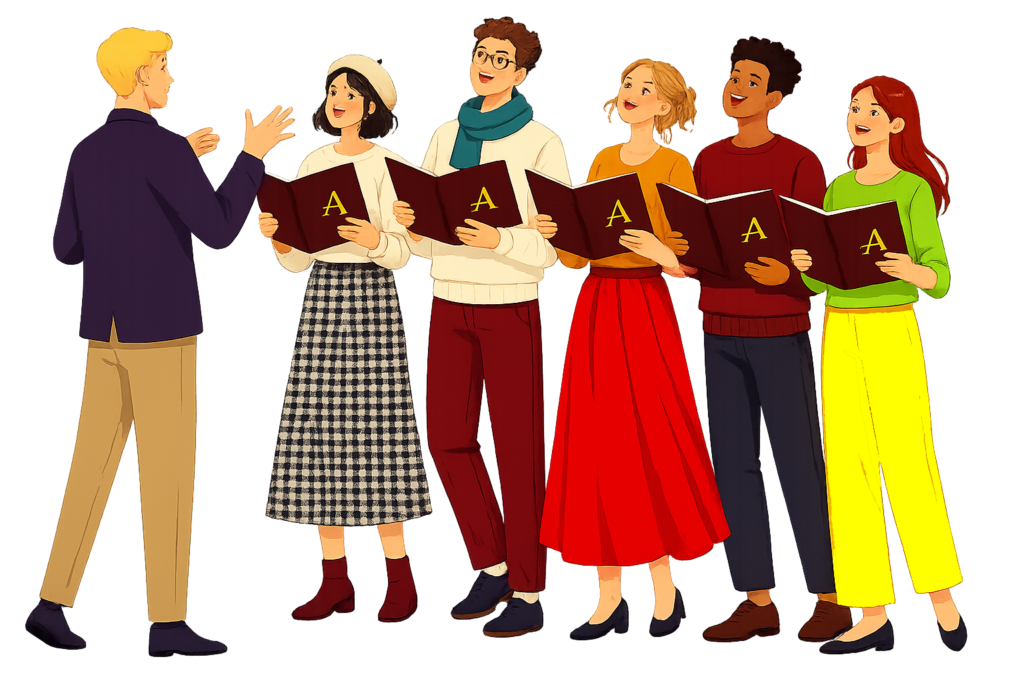 Groupe de choristes répétant sous la direction du chef de choeur.